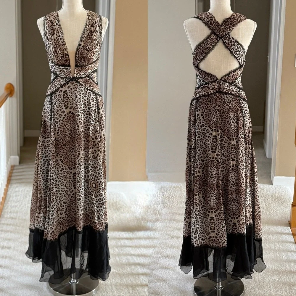 Mandalay Evening Gown Grey Leopard Print Silk V-Neck Maxi Evening Dress - Picture 2 of 16